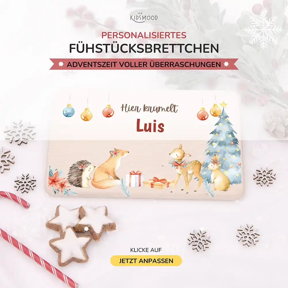 Weihnachts-Set Frühstücksbrettchen und Emaille Tasse - Fuchs im Wald