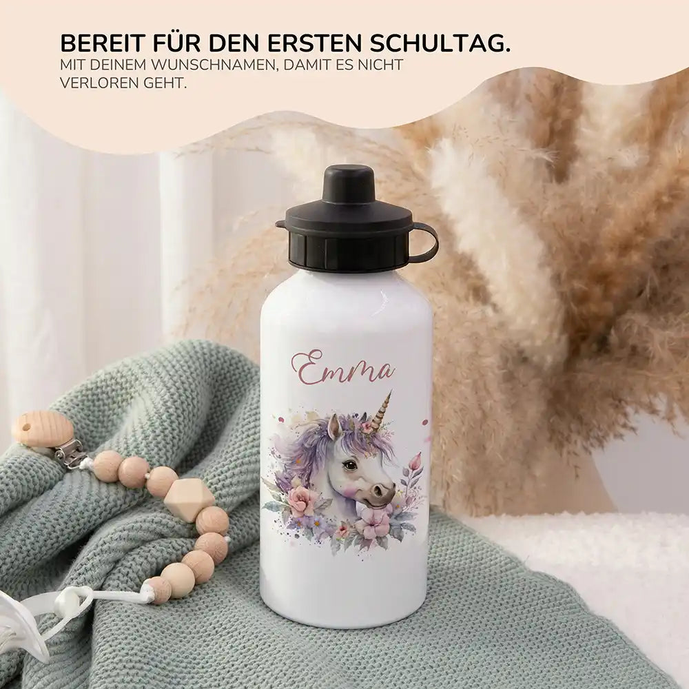 Personalisierte Trinkflasche Kinder Einhorn Blumenkranz – 2in1 zur Einschulung