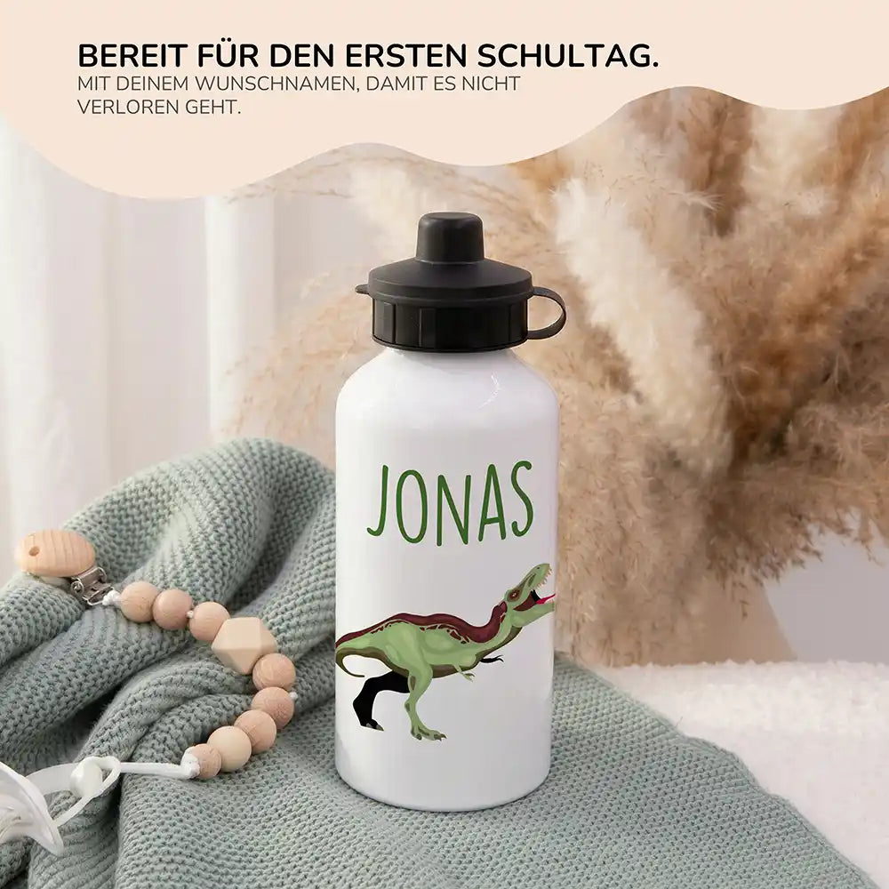 Personalisierte Trinkflasche Kinder Dino T-Rex – 2in1 zur Einschulung