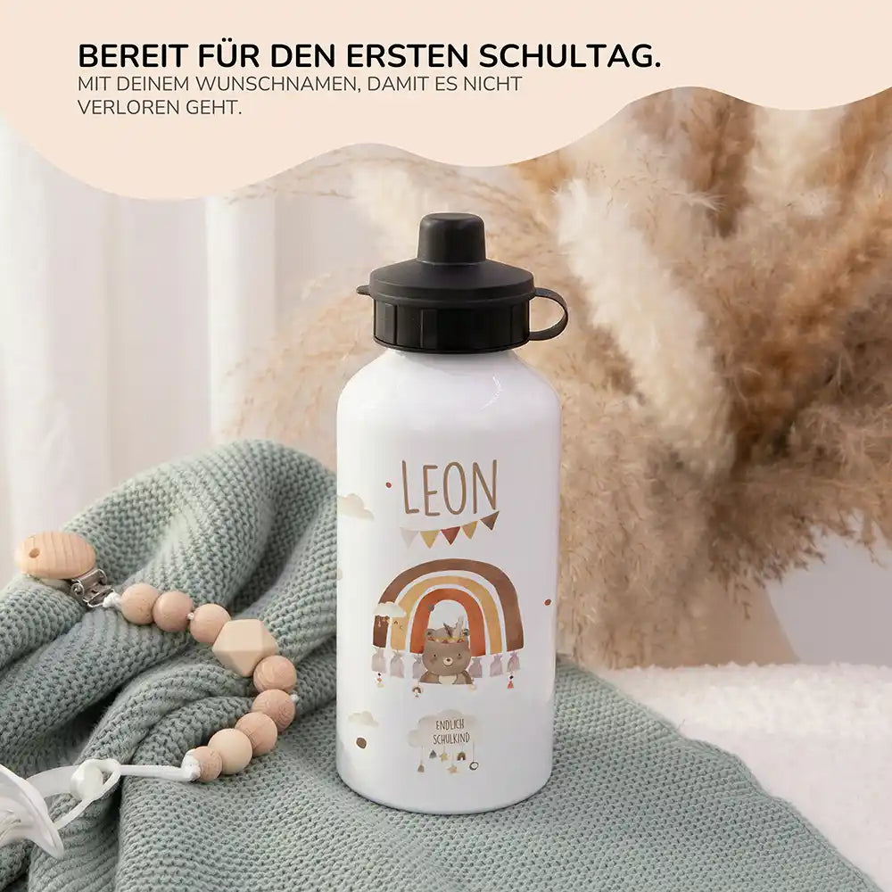 Personalisierte Trinkflasche Kinder BĂ€r Regenbogen Schulkind â 2in1 zur Einschulung