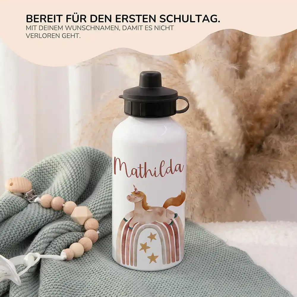 Personalisierte Trinkflasche Kinder Einhorn Boho-Regenbogen – 2in1 zur Einschulung
