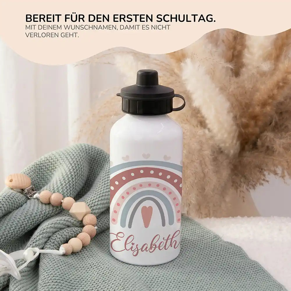 Personalisierte Trinkflasche Kinder Boho-Regenbogen Herzen – 2in1 zur Einschulung