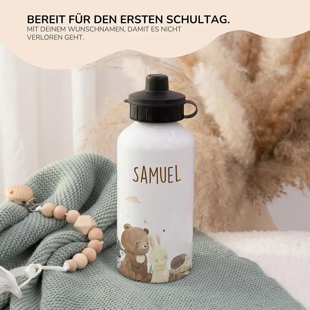Personalisierte Trinkflasche Kinder Waldfreunde – 2in1 zur Einschulung