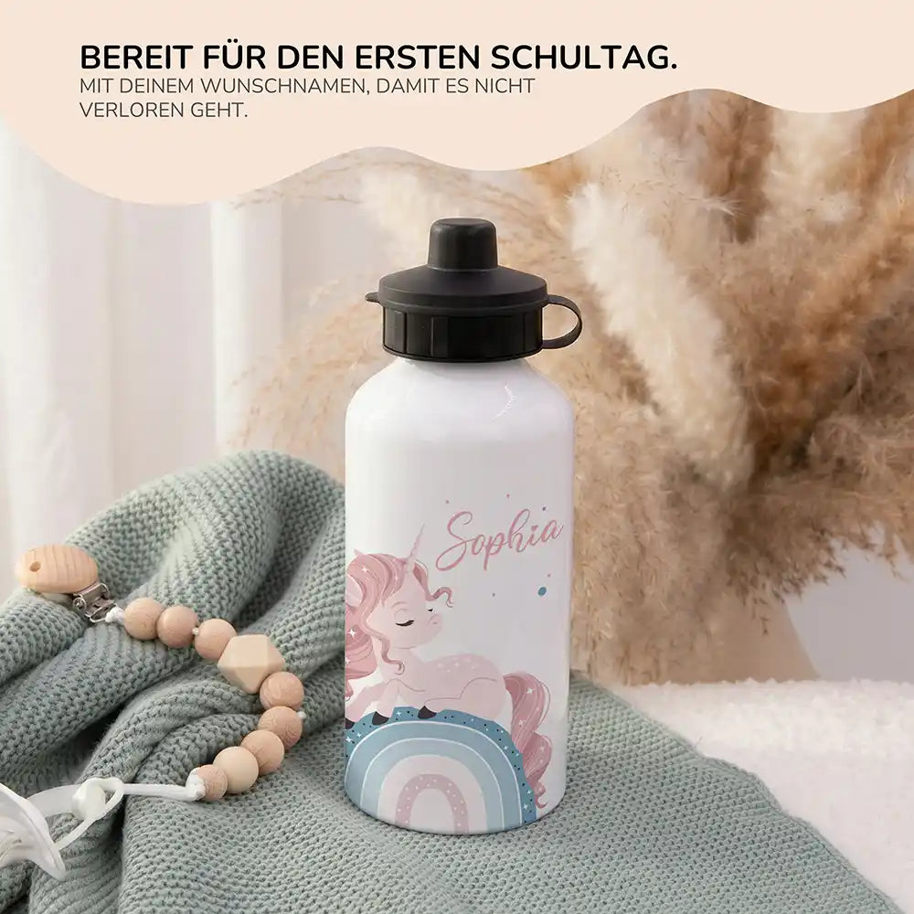 Personalisierte Trinkflasche Kinder Einhorn Rosa Regenbogen – 2in1 zur Einschulung