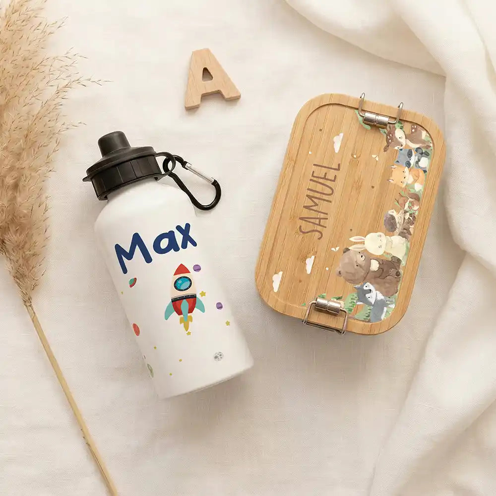 Personalisierte Trinkflasche Kinder Rakete Weltall – Geschenk zur Einschulung & Taufe