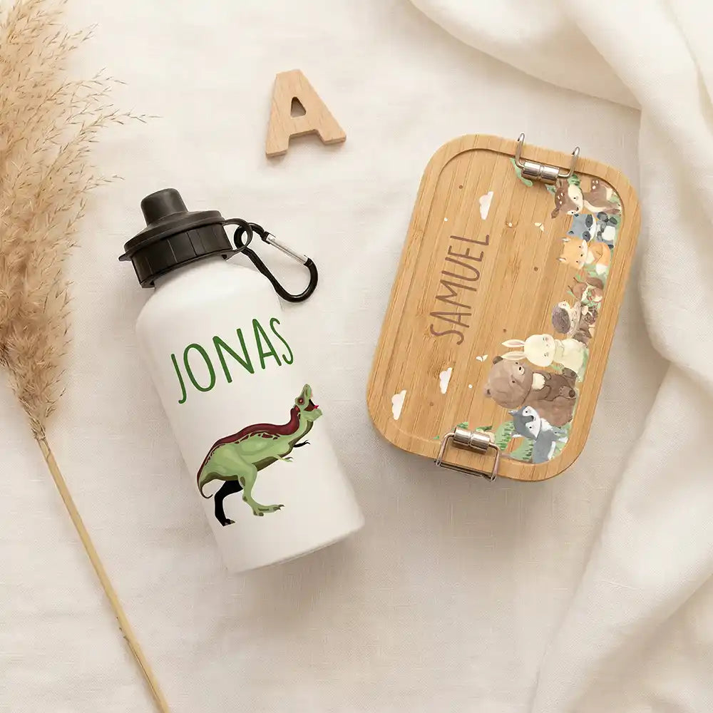 Personalisierte Trinkflasche Kinder Dino T-Rex – Geschenk zur Einschulung & Taufe