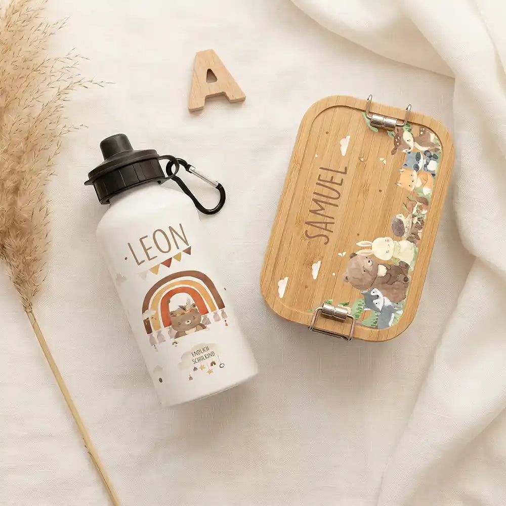 Personalisierte Trinkflasche Kinder BĂ€r Regenbogen Schulkind â Geschenk zur Einschulung & Taufe