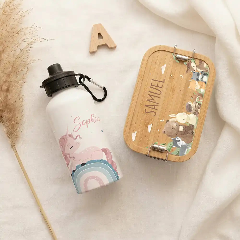 Personalisierte Trinkflasche Kinder Einhorn Rosa Regenbogen – Geschenk zur Einschulung & Taufe