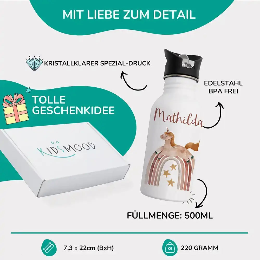 personalisierte trinkflasche für kinder mit regenbogen und einhorn