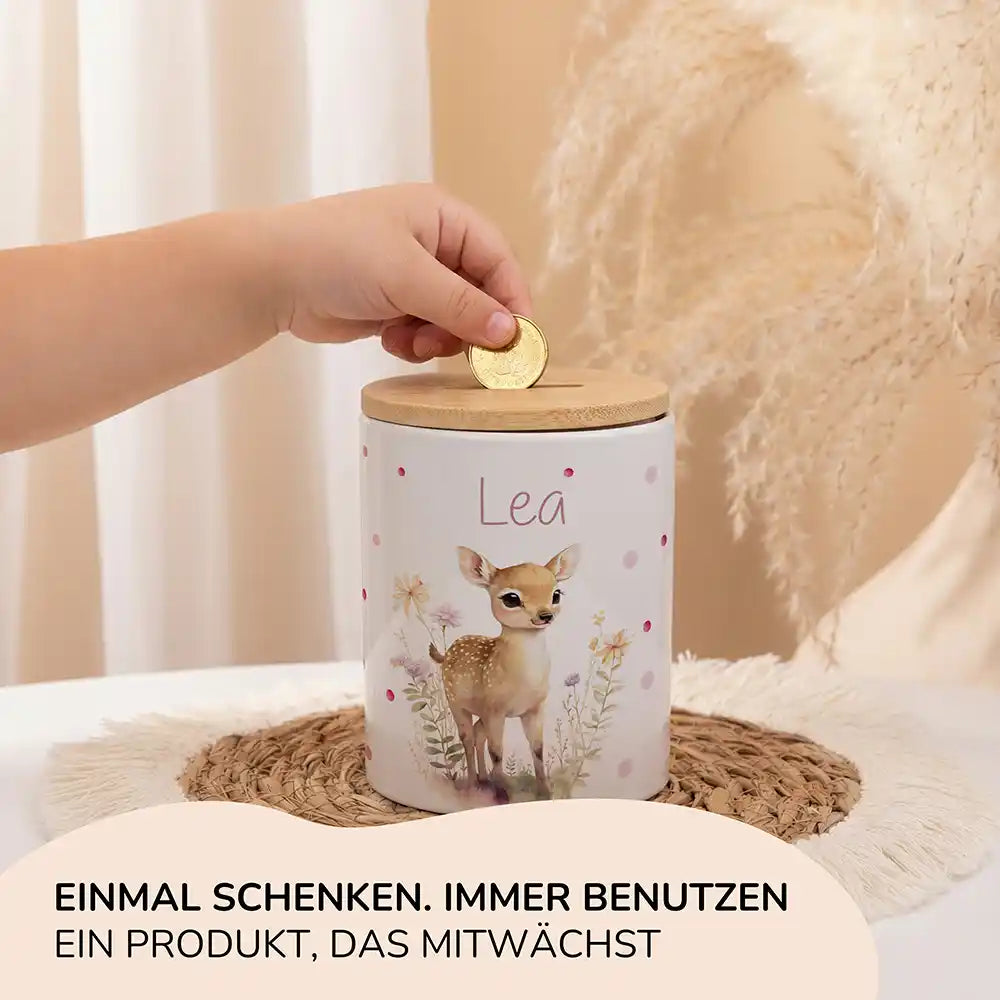 Personalisierte Spardose Rehkitz Blumenwiese – Keramik & Bambus mit Wunschname