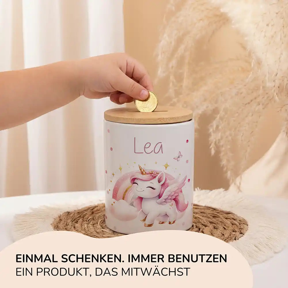 Personalisierte Spardose Einhorn Flügel – Keramik & Bambus mit Wunschname