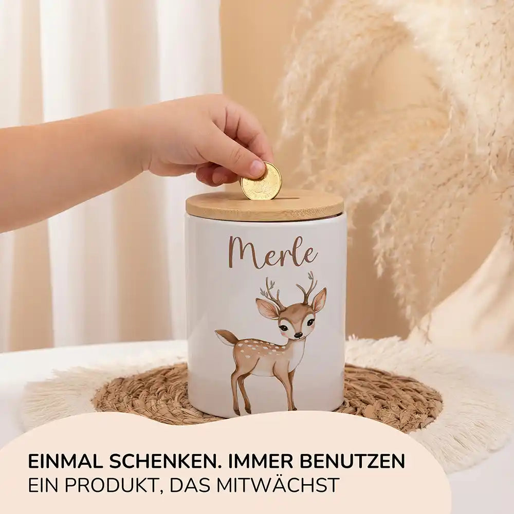 Personalisierte Spardose Rehkitz Bambi – Keramik & Bambus mit Wunschname