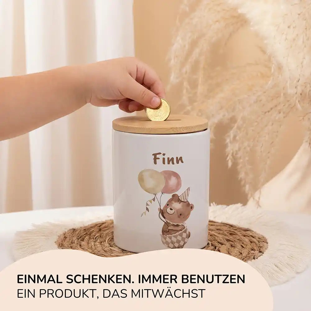 Personalisierte Spardose Bär Geburtstag â Keramik & Bambus mit Wunschname