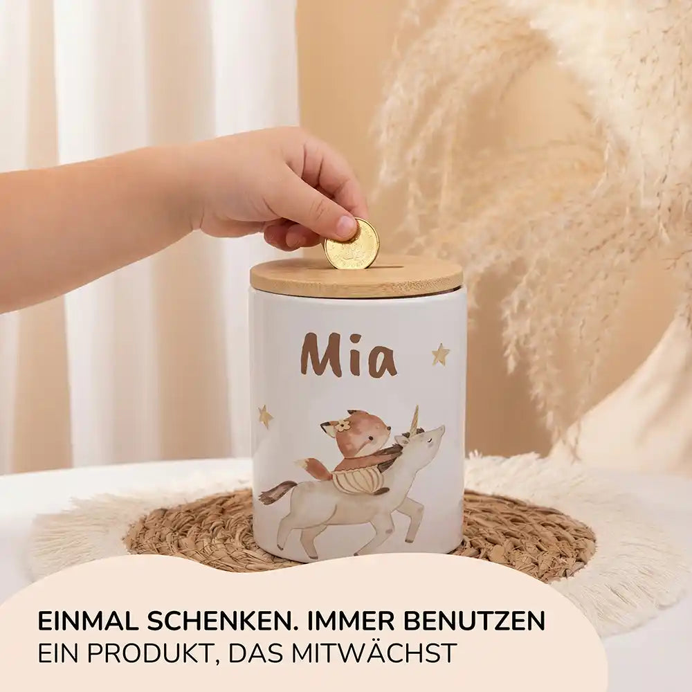 Personalisierte Spardose Fuchs & Einhorn – Keramik & Bambus mit Wunschname