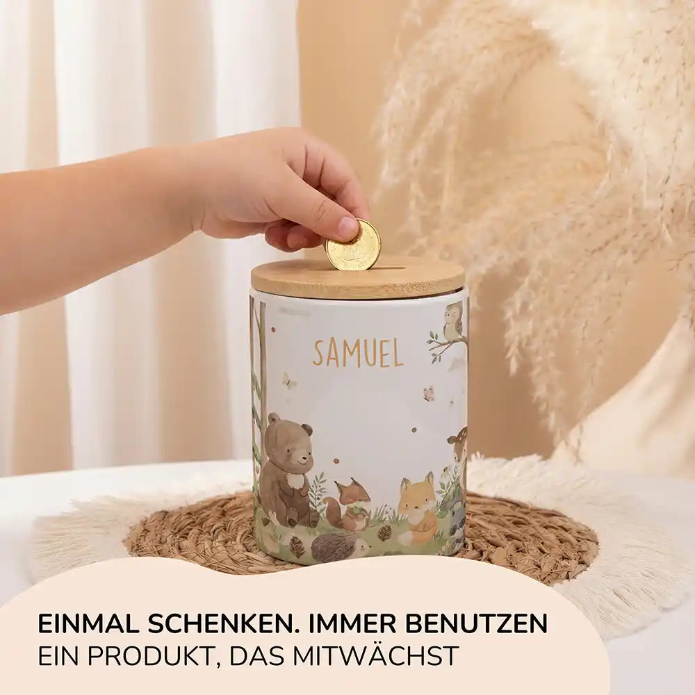 Personalisierte Spardose Waldfreunde I – Keramik & Bambus mit Wunschname
