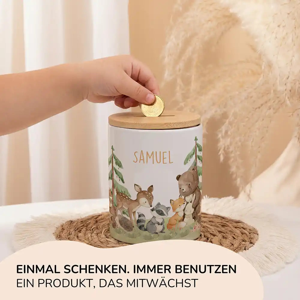 Personalisierte Spardose Waldfreunde III – Keramik & Bambus mit Wunschname