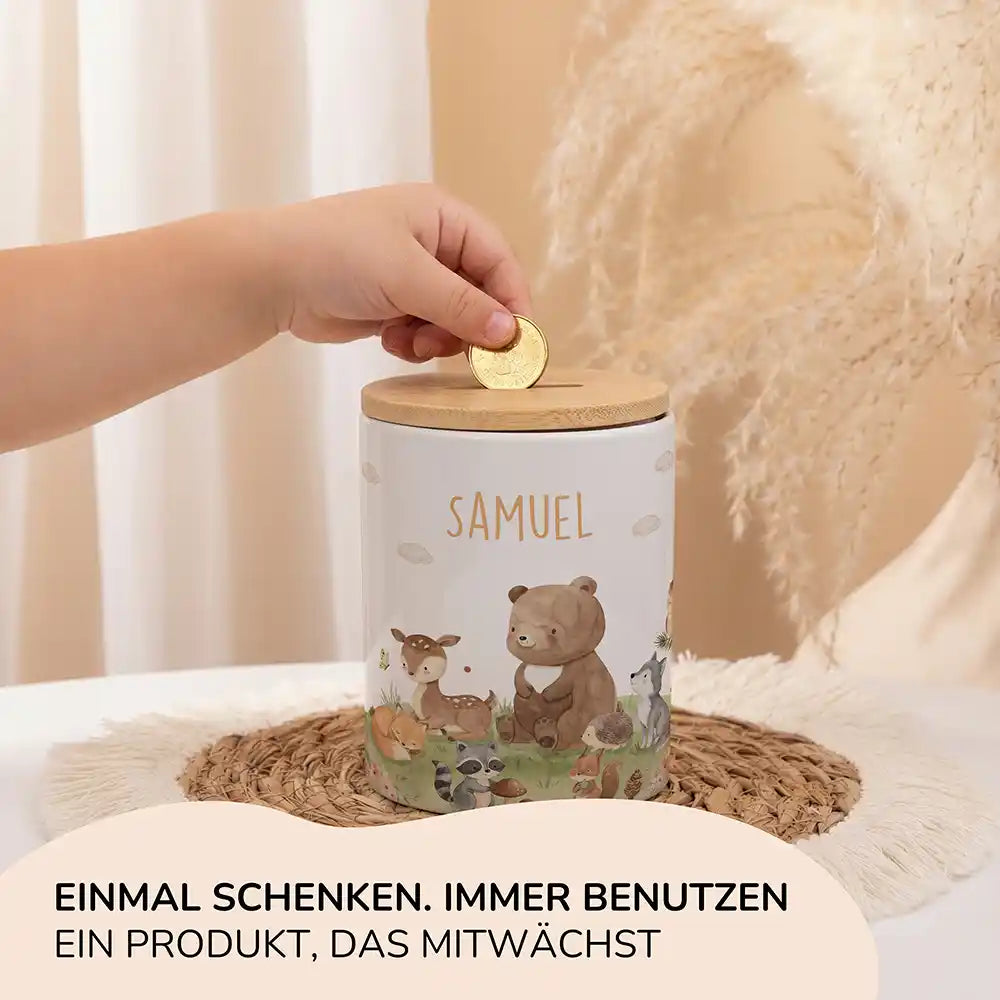 Personalisierte Spardose Waldfreunde VI – Keramik & Bambus mit Wunschname