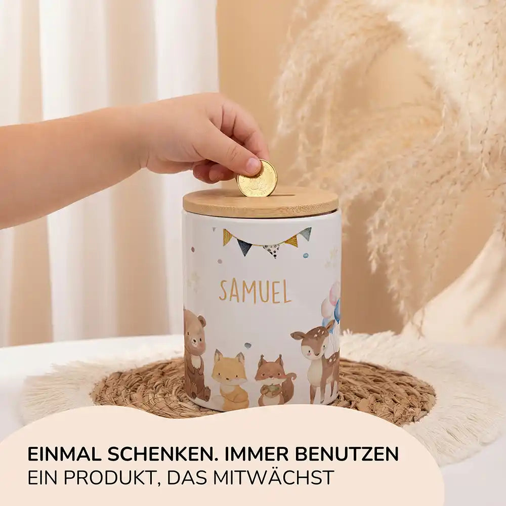 Personalisierte Spardose Waldtiere Party – Keramik & Bambus mit Wunschname