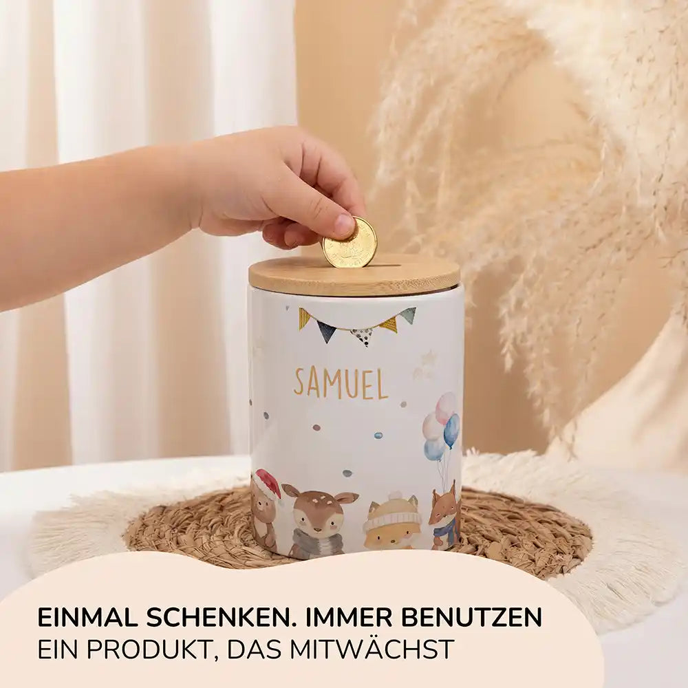 Personalisierte Spardose Waldtiere Geburtstag – Keramik & Bambus mit Wunschname