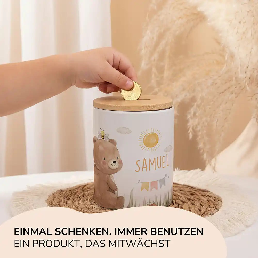Personalisierte Spardose BĂ€r Sommer â Keramik & Bambus mit Wunschname