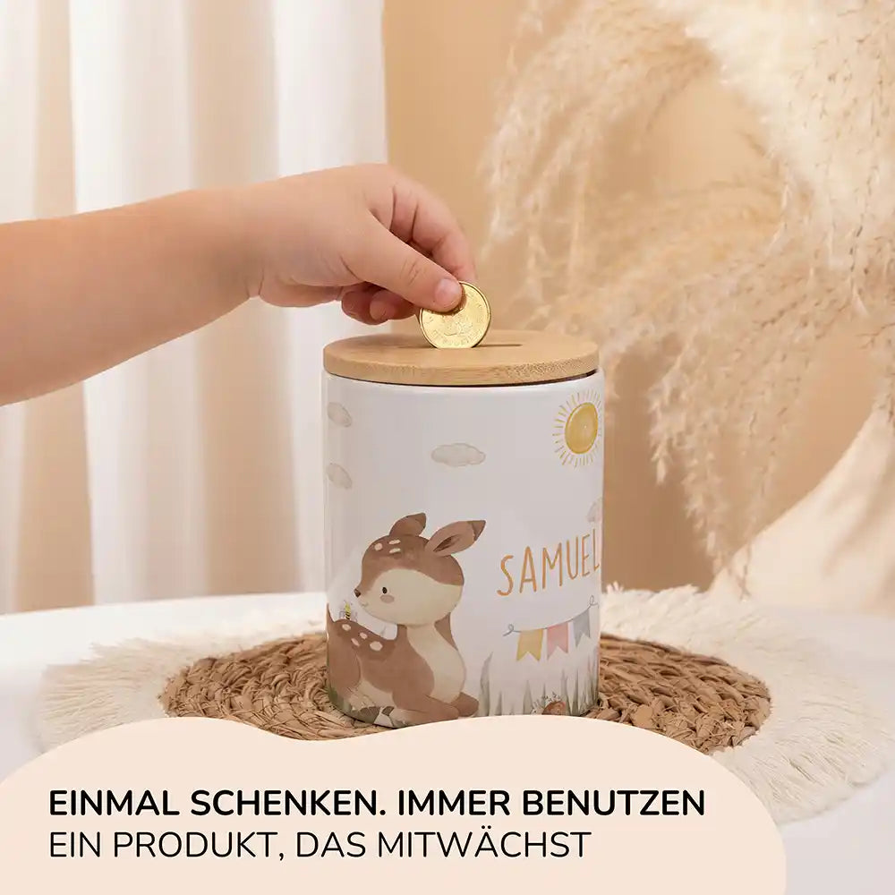 Personalisierte Spardose Rehkitz Sonne – Keramik & Bambus mit Wunschname