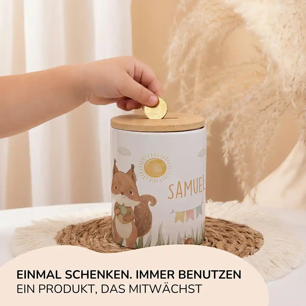 Personalisierte Spardose Eichhörnchen Sommer – Keramik & Bambus mit Wunschname