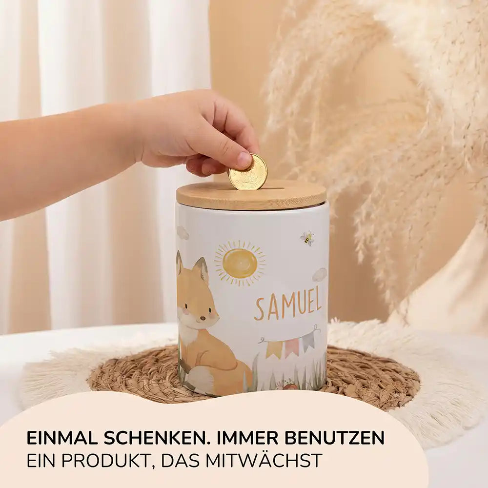Personalisierte Spardose Fuchs Sommer – Keramik & Bambus mit Wunschname