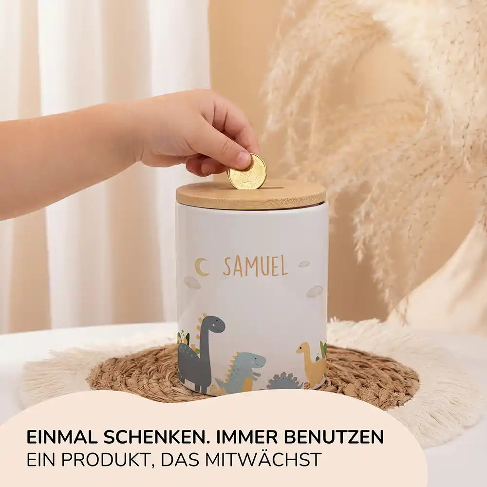Personalisierte Spardose Dinosaurier Mond – Keramik & Bambus mit Wunschname