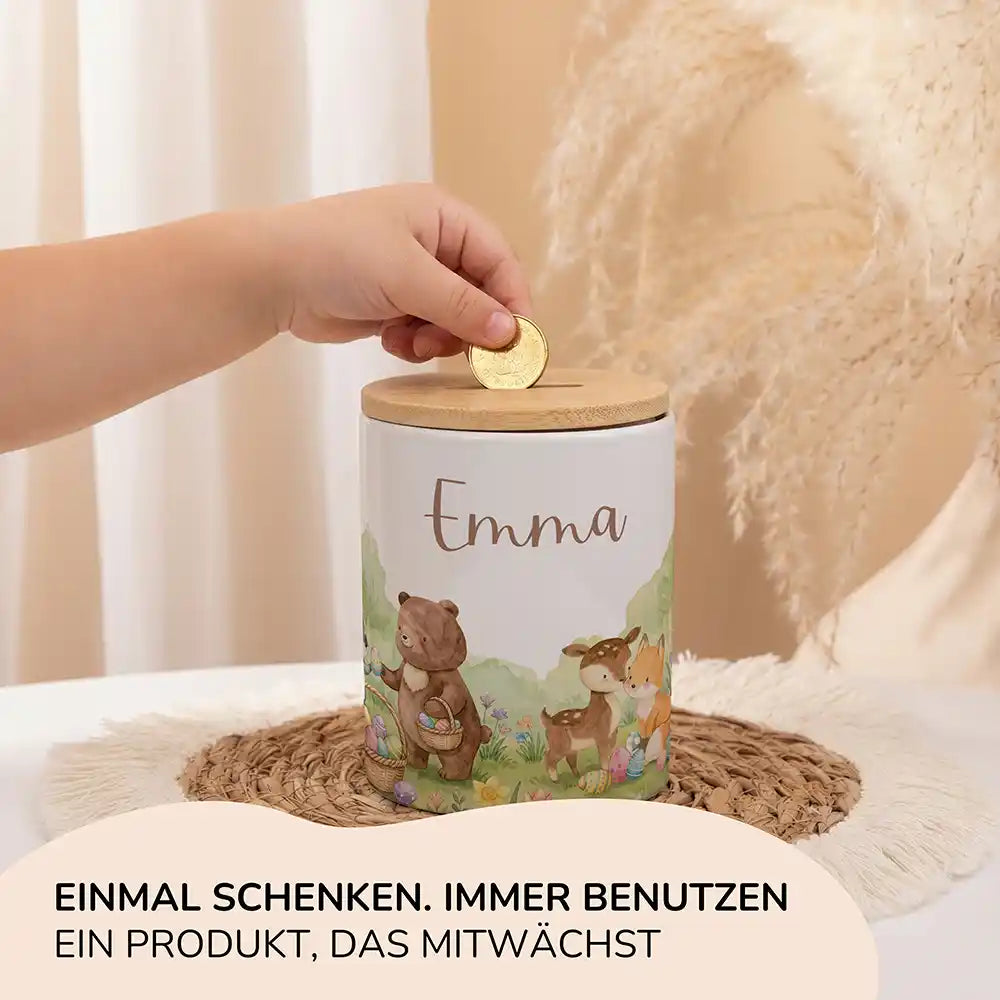 Personalisierte Spardose Ostern BĂ€renfamilie â Keramik & Bambus mit Wunschname