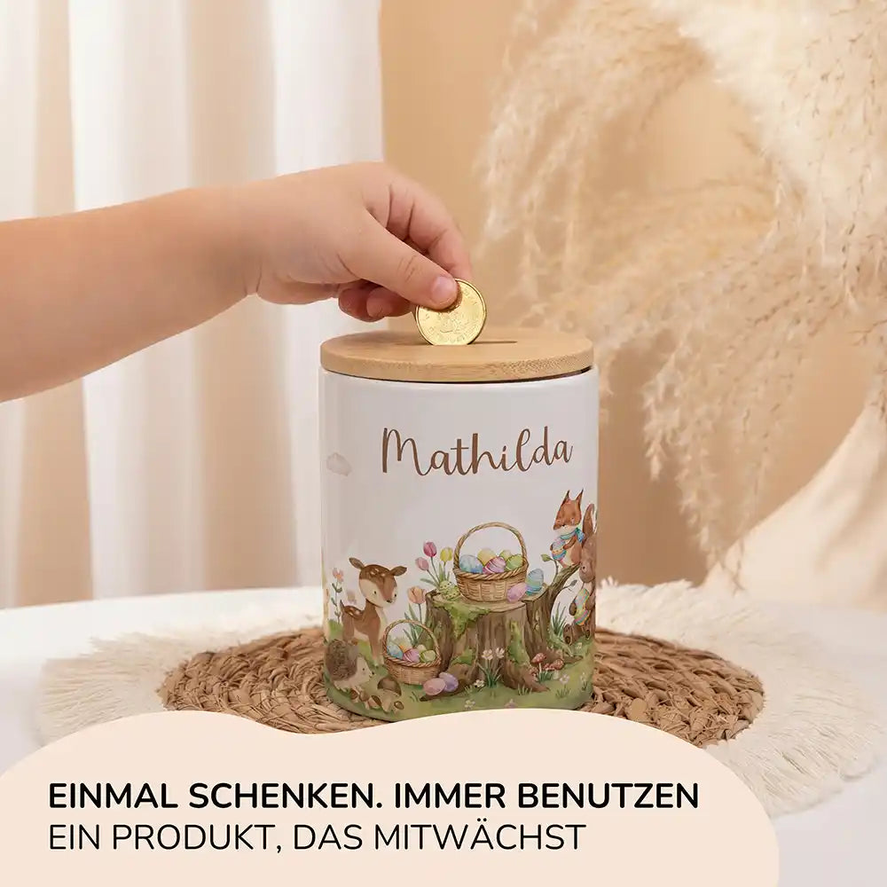 Personalisierte Spardose Ostern Rehkitz – Keramik & Bambus mit Wunschname