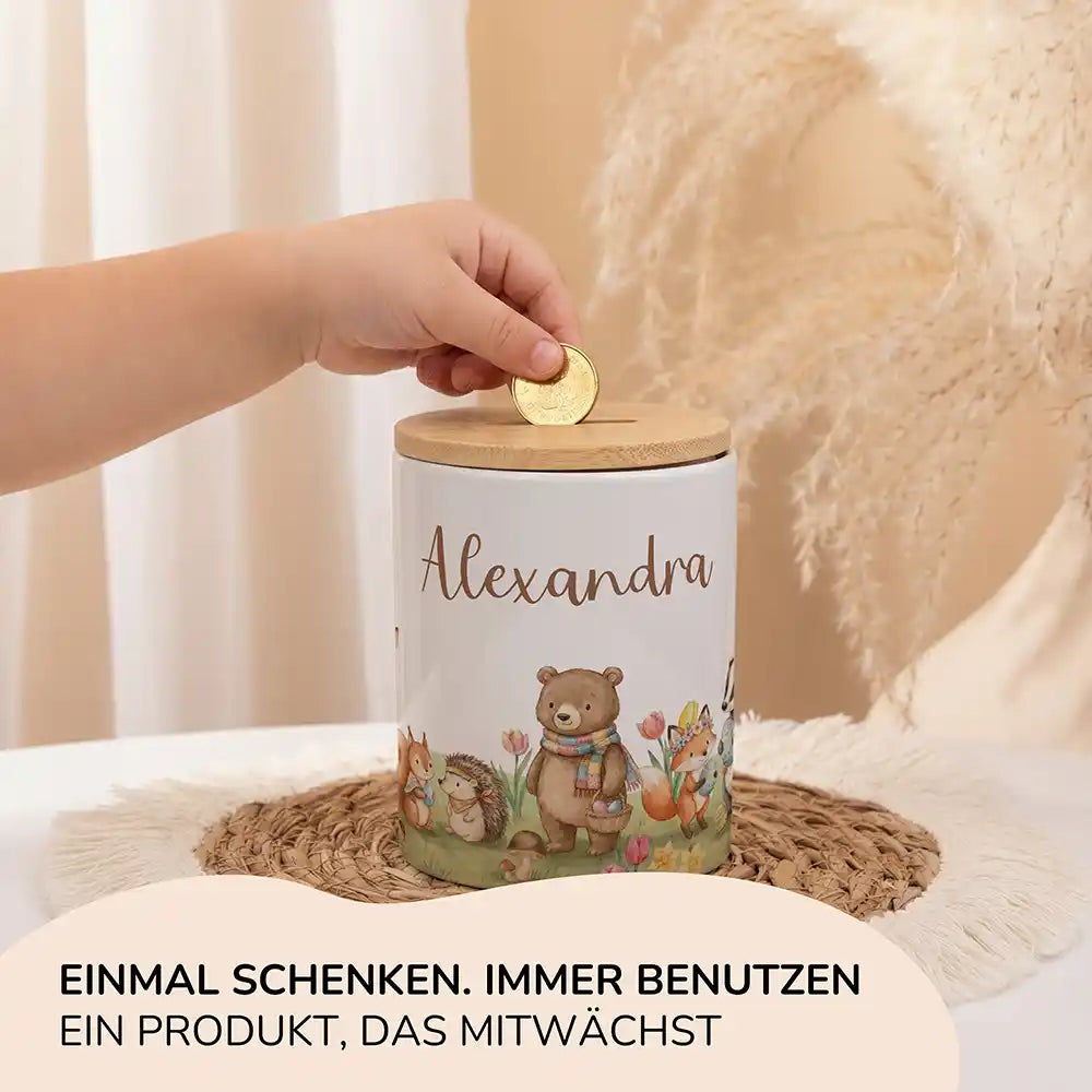 Personalisierte Spardose Ostern Hasen – Keramik & Bambus mit Wunschname