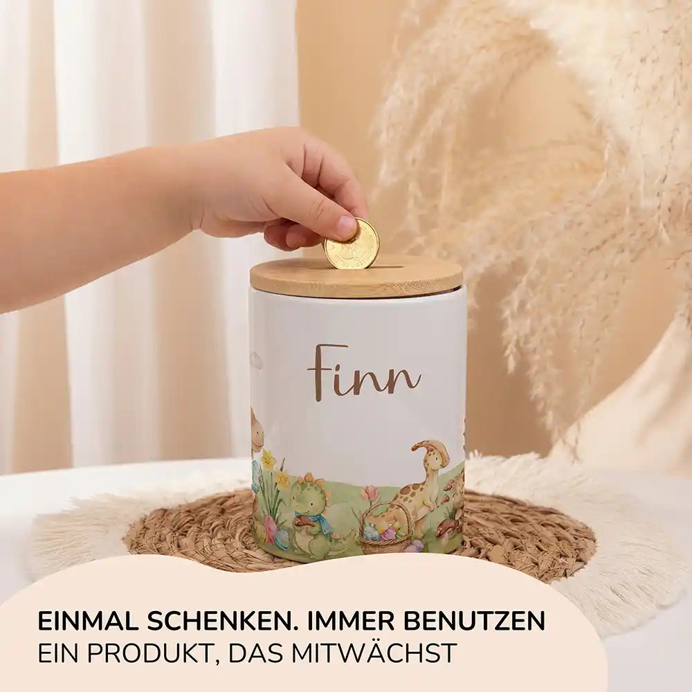 Personalisierte Spardose Dinos Ostern – Keramik & Bambus mit Wunschname