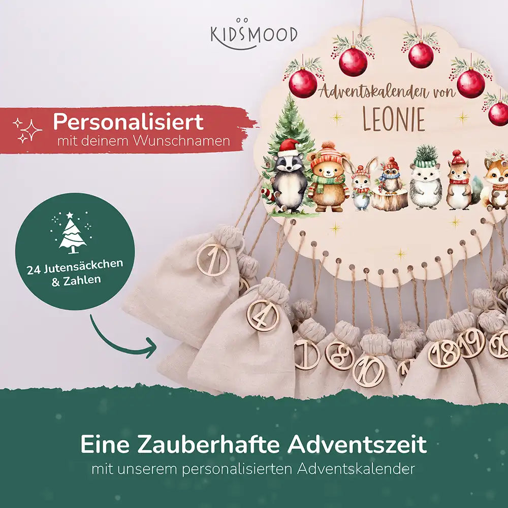 Personalisierter runder Adventskalender Kinder aus Holz - Kuschelige Winterfreunde