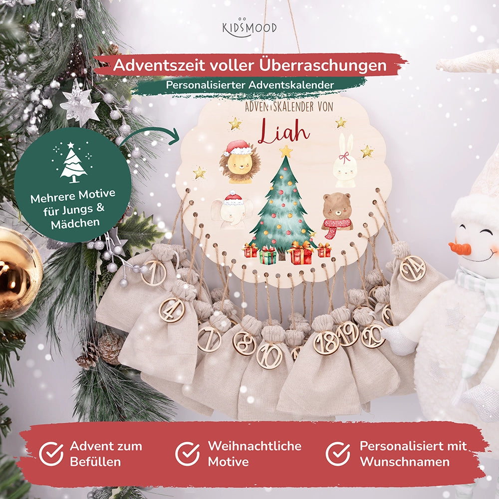 Personalisierter runder Adventskalender Kinder aus Holz - Weihnachtliche Tierwelt