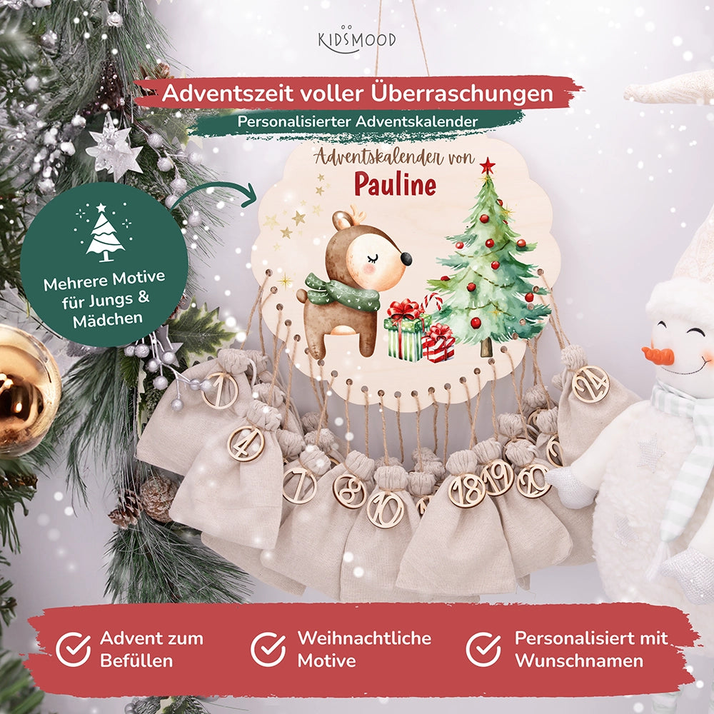 Personalisierter runder Adventskalender Kinder aus Holz - Baby Reh
