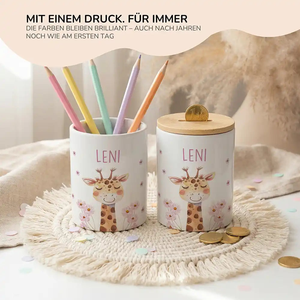 Personalisierte Spardose Giraffe Blumen – Keramik & Bambus mit Wunschname