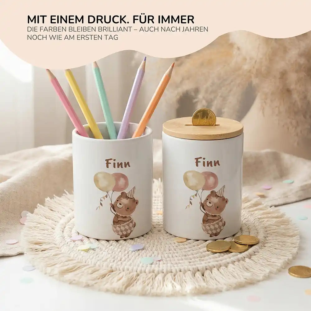 Personalisierte Spardose Bär Geburtstag â Keramik & Bambus mit Wunschname