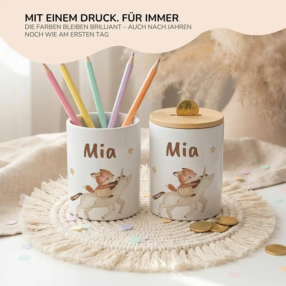 Personalisierte Spardose Fuchs & Einhorn – Keramik & Bambus mit Wunschname