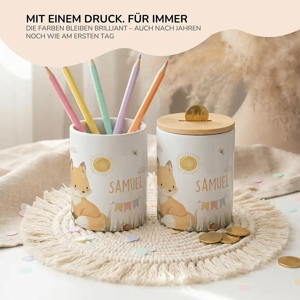 Personalisierte Spardose Fuchs Sommer – Keramik & Bambus mit Wunschname