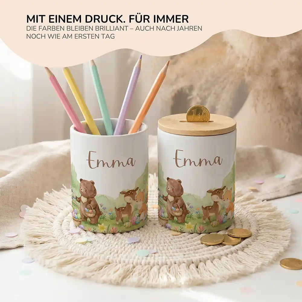 Personalisierte Spardose Ostern BĂ€renfamilie â Keramik & Bambus mit Wunschname