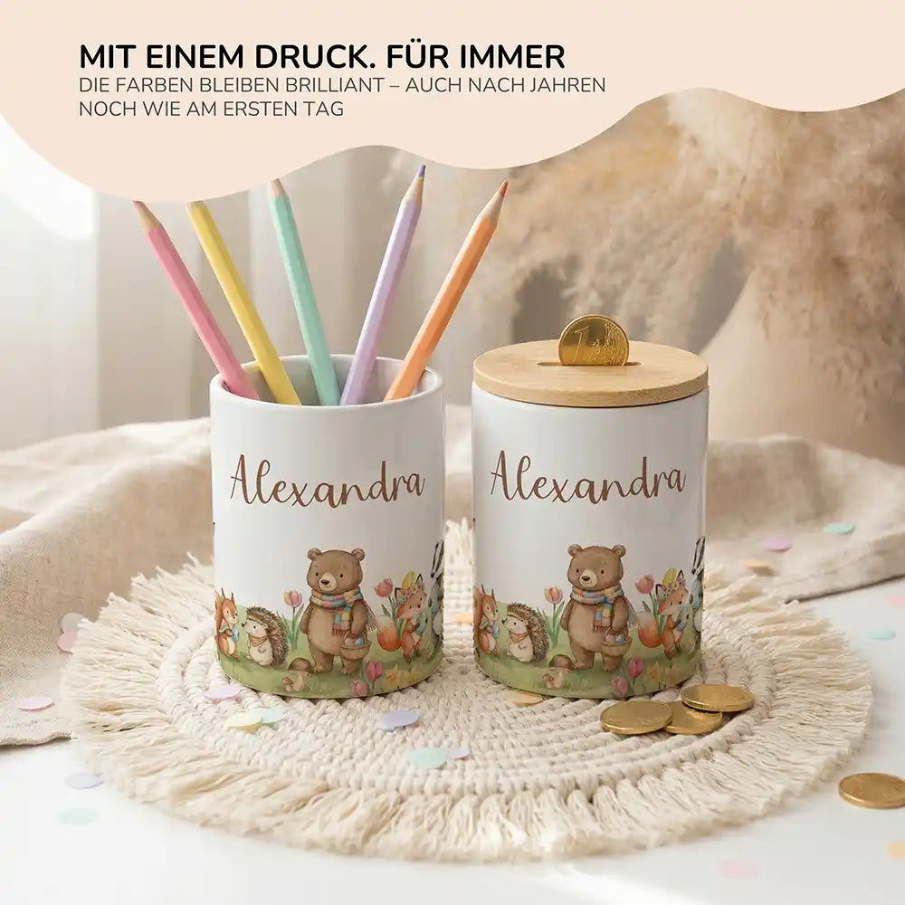 Personalisierte Spardose Ostern Hasen – Keramik & Bambus mit Wunschname