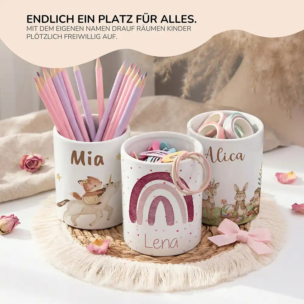 Personalisierter Stiftehalter Regenbogen Rosa - personalisiertes Geschenk mit Wunschnamen