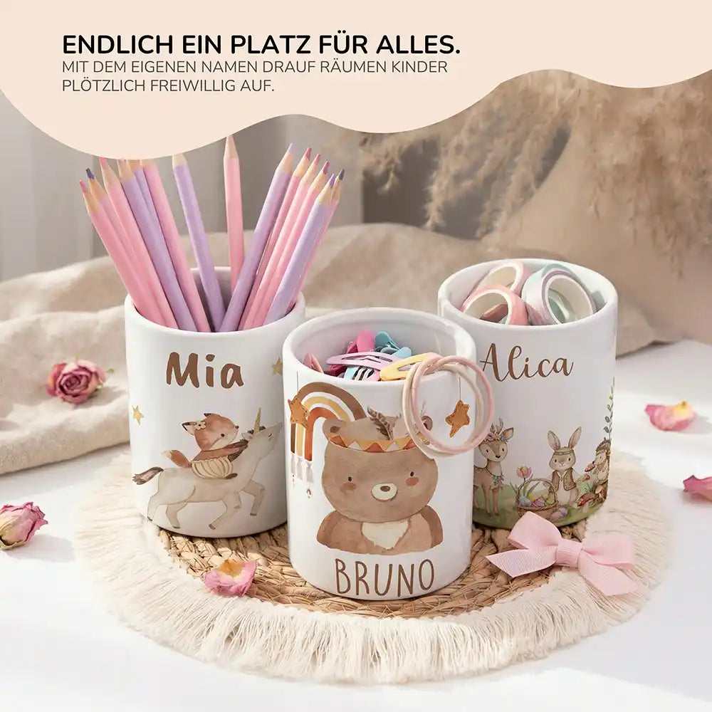 Personalisierter Stiftehalter Boho-BĂ€r - personalisiertes Geschenk mit Wunschnamen