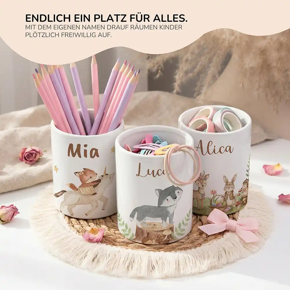Personalisierter Stiftehalter Wolf Wald - personalisiertes Geschenk mit Wunschnamen