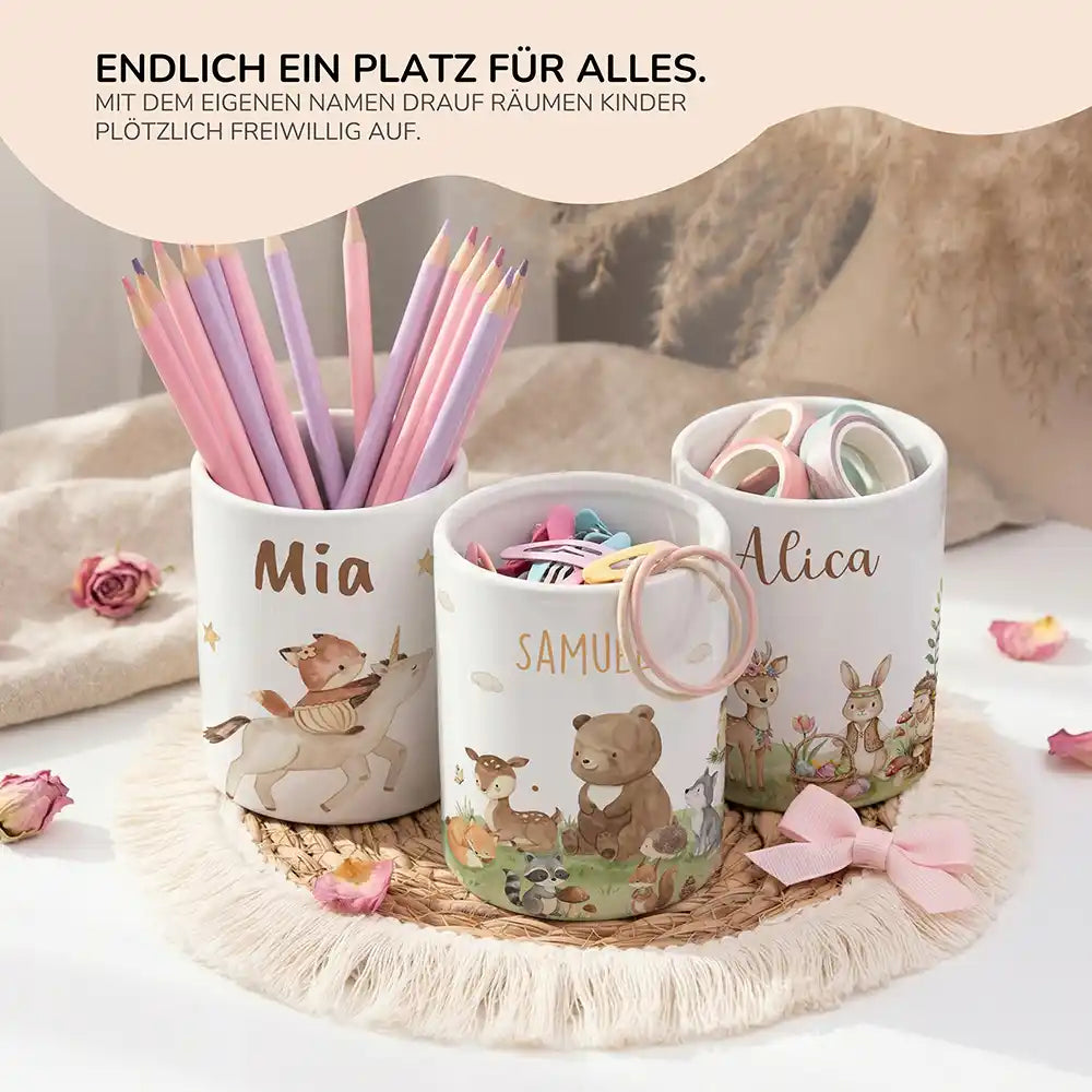 Personalisierter Stiftehalter Waldfreunde VI - personalisiertes Geschenk mit Wunschnamen