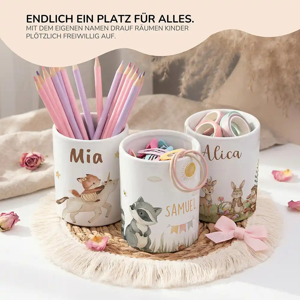 Personalisierter Stiftehalter WaschbÀr Sommer - personalisiertes Geschenk mit Wunschnamen