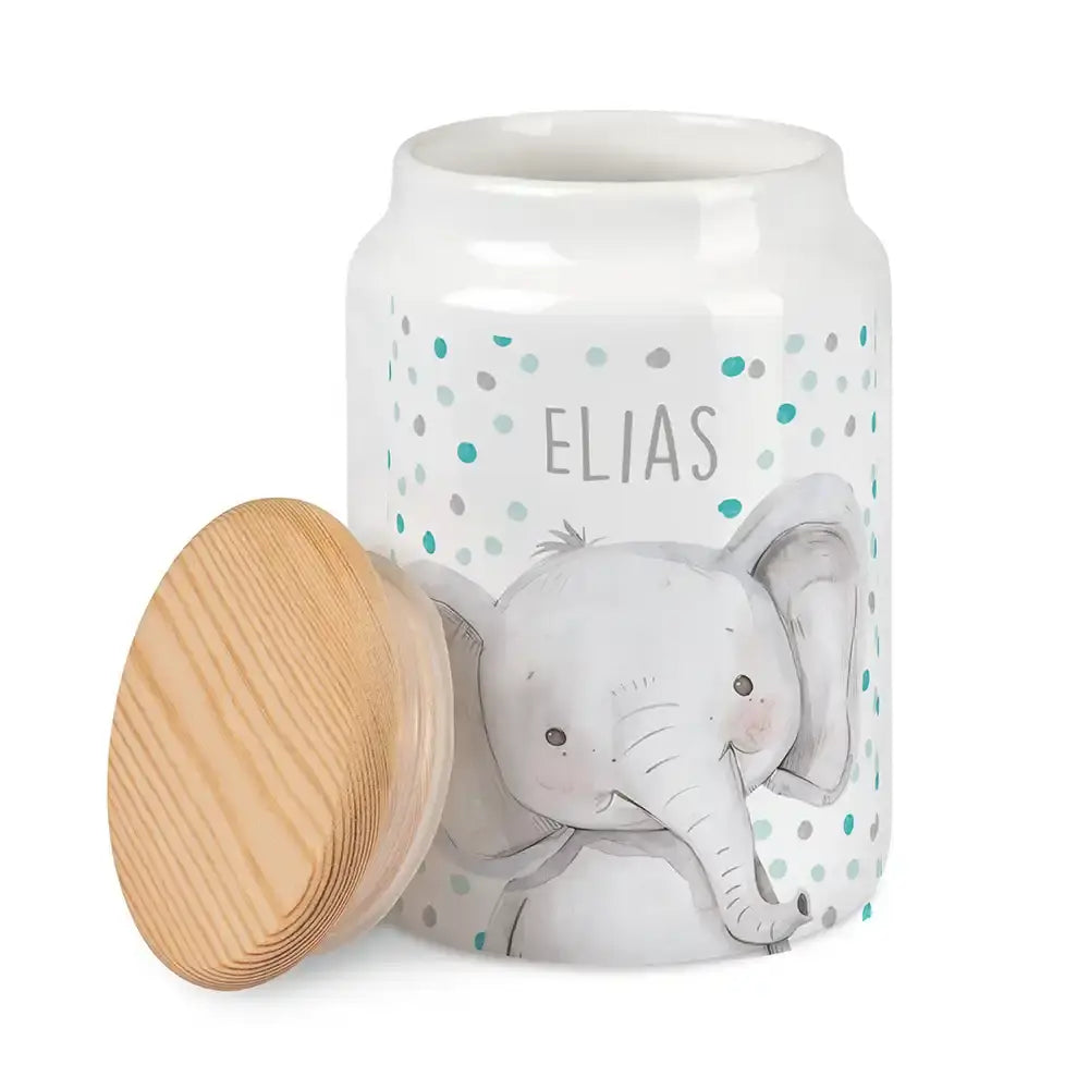 Personalisierbare Keksdose mit Name - Elefant mit Punkten