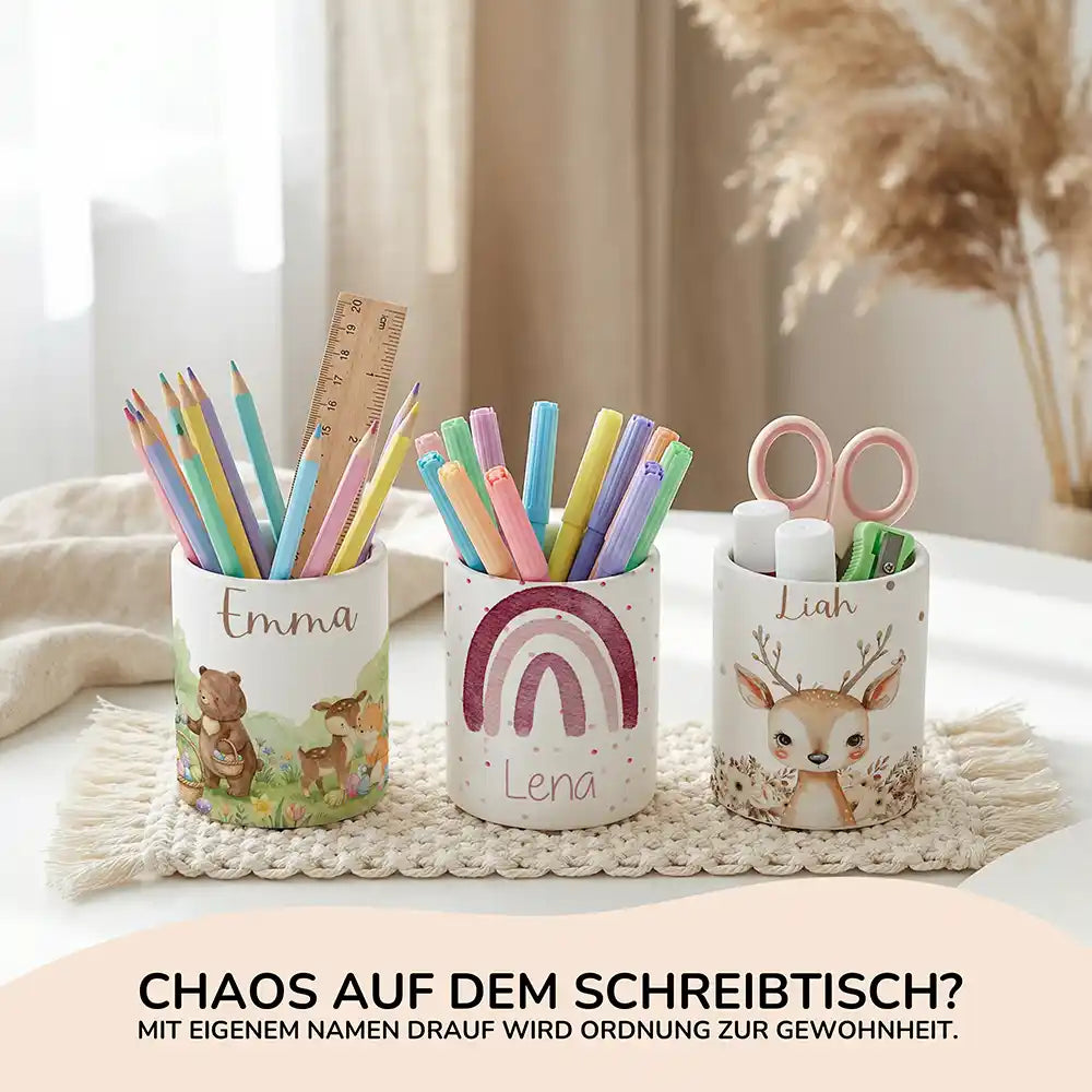 Personalisierte Spardose Regenbogen Rosa – Keramik & Bambus mit Wunschname