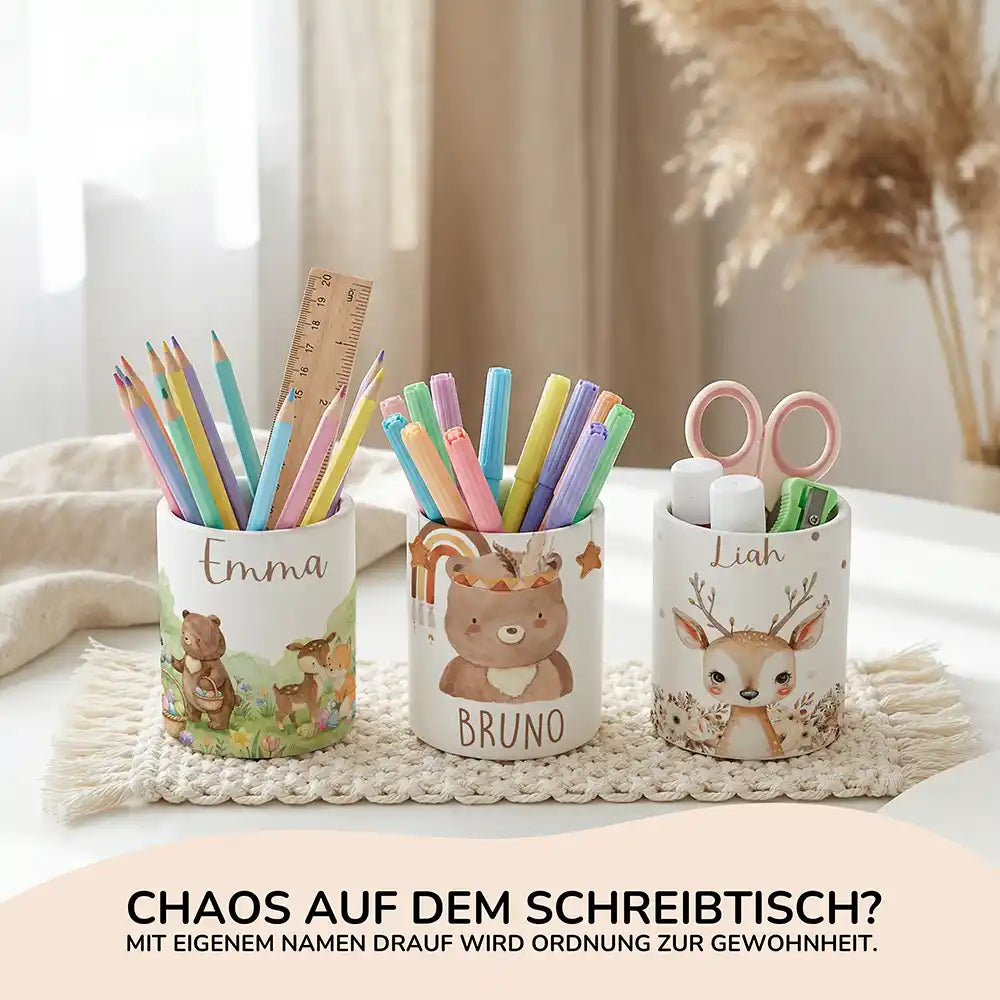 Personalisierte Spardose Boho-BĂ€r â Keramik & Bambus mit Wunschname