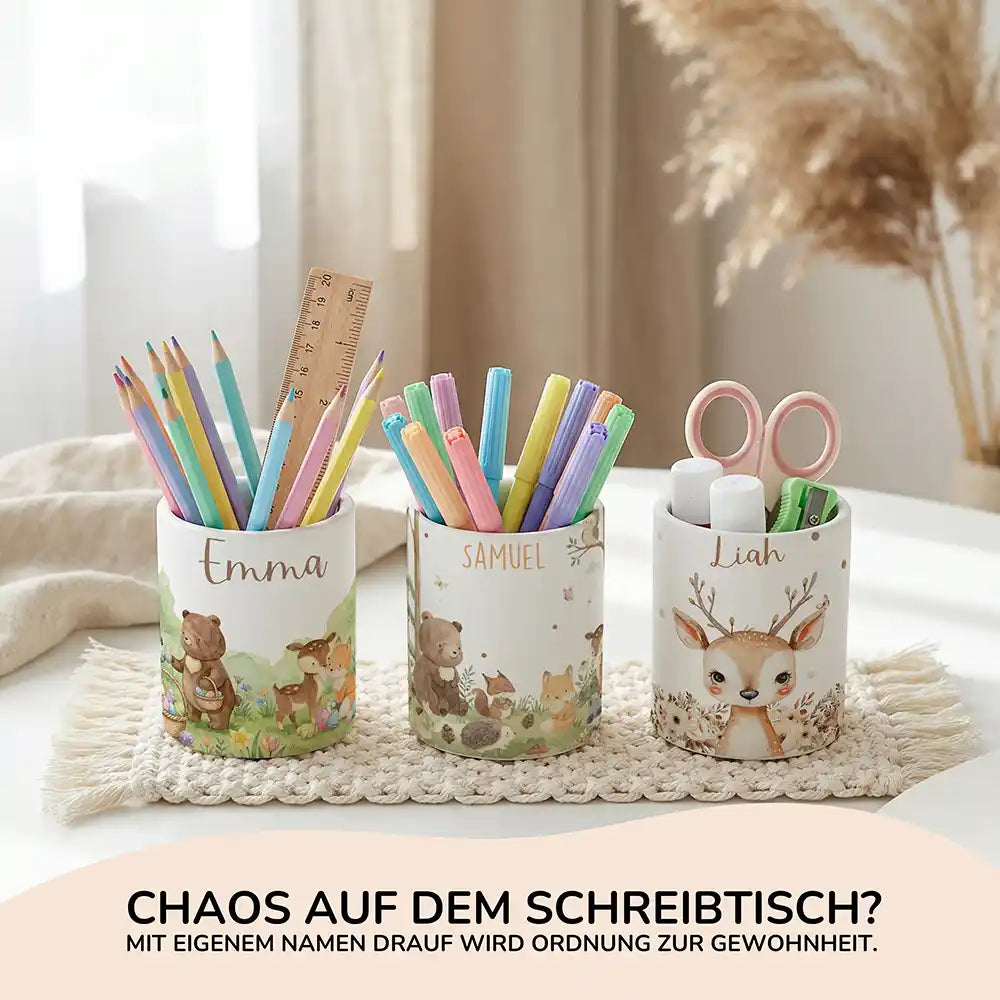 Personalisierte Spardose Waldfreunde I – Keramik & Bambus mit Wunschname